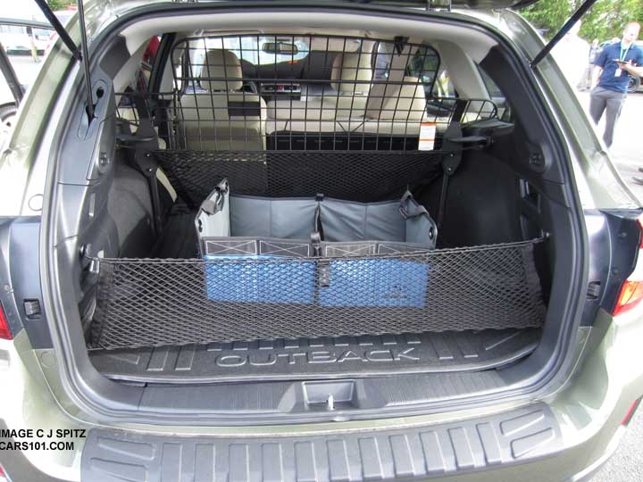 2016 and 2015 Subaru Outback cargo options- rear bumper cover, seatback and rear gate cargo nets, compartment separator dog guard, folding cargo organizer basket
