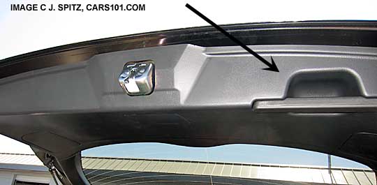 arrow points to the standard rear gate handle on a 2016 and 2015 Subaru Outback rear gate
