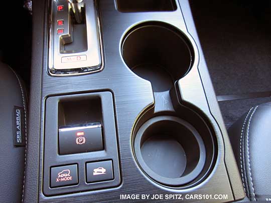 2015 Outback center console with two cupholders, incline assist, X-mode, electric parking brake