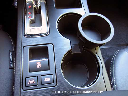 2015 Outback center console has two cupholders, with the one removeable cupholder insert shown