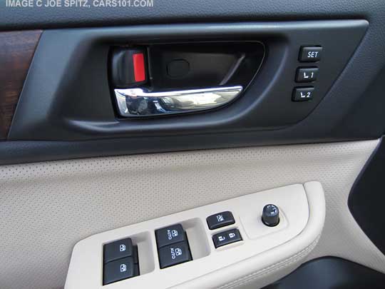 2016 and 2015 Subaru Outback drivers door memory seat buttons, power window buttons.