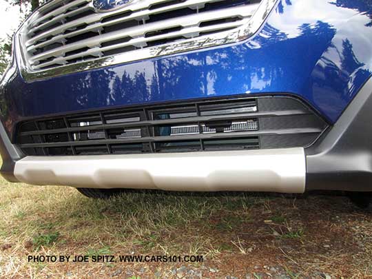 2016, 2015 Subaru Outback front bumper underguard is standard on Limiteds, optional on all other models. 2.5L model shown with grill shutter shown open so you can see the radiator in the background. Lapis blue color