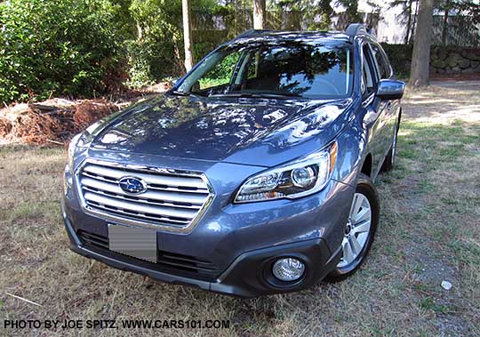 15 Subaru Outback Premium front grill, fog lights. twilight blue color shown