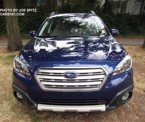 2015 Outback Limited front view, showing standard front under spoiler. Lapis Blue Pearl