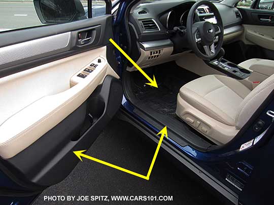 2016 and 2015 Subaru Outback and Legacy ivory interior has dark carpets, dark door sills, and door lower door panels