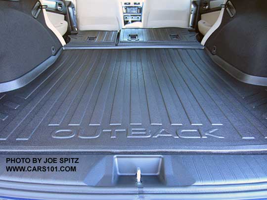 rear seats folded flat- 2015 Outback redesigned rear seatback protector uses velcro, no grommets to break off