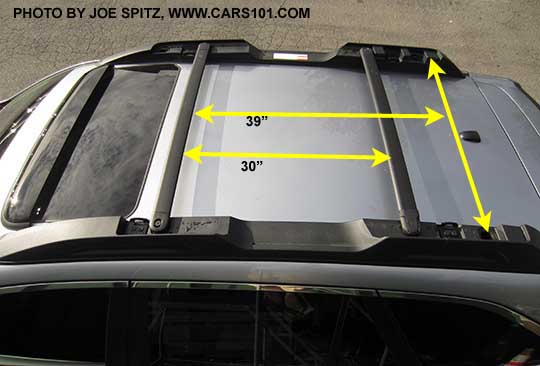 2015 Outback roof rack crossbar at 30" spread. Vehicle shown with optional moonroof air deflector