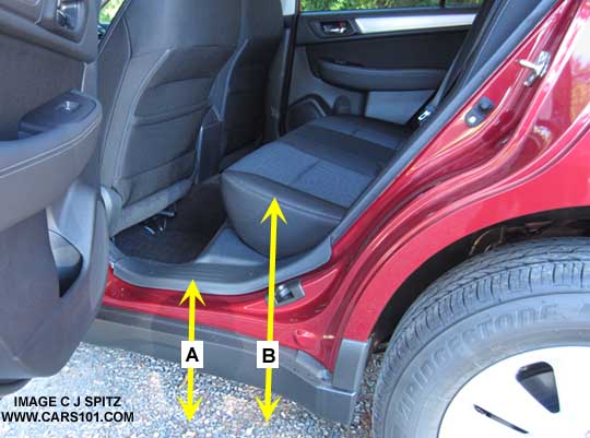 2015, 2016 Subaru Outback rear seat and rear door sill height measurement. Venetian red car shown