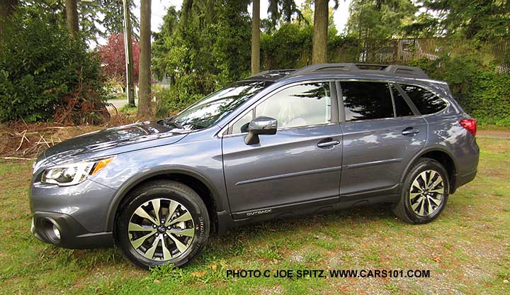 2015 Outback with optional body side moldings and wheel arch moldings. Twilight Blue shown.