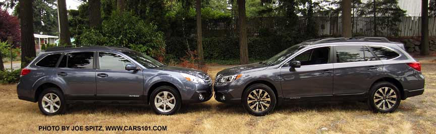 nose-to-nose, 2014 and 2015 Subaru Outbacks. The 2015 carbide gray Limited is on the right, the twilight blue 2014 Premium is on the left