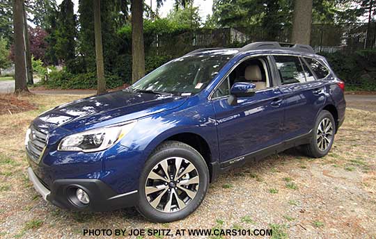 2015 Subaru Outback Limited comes with 18" alloys, dark tinted rear glass, front under spoiler, lapis blue shown