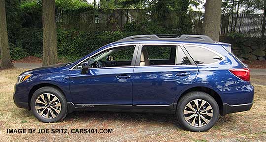 side view 2015 Subaru Outback Limited comes with 18" alloys, lapis blue shown