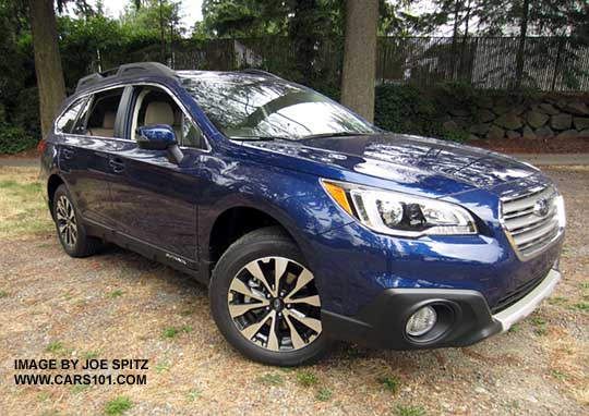 2015 Subaru Outback Limited comes with turn signal mirrors,  fog lights, dark tinted glass, 18" alloys. front under spoiler,  lapis blue shown
