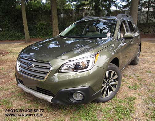 wilderness green 2015 Outback Limited has front under spoiler, 18" alloy wheels, fog lights