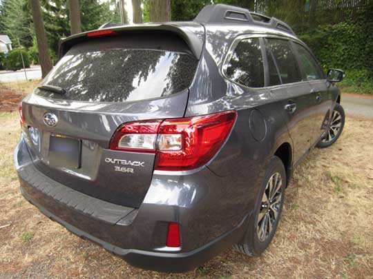 rear view, 2015 Outback Limited 3.6R carbide gray color