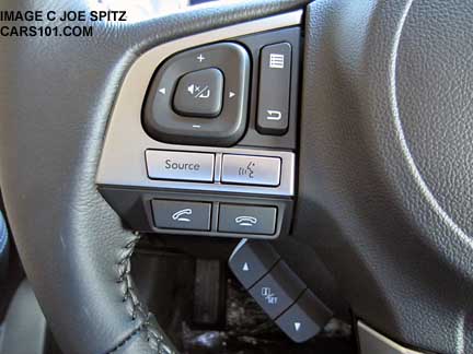close-up of the 2015 and 2016 Subaru Outback Limited steering wheel left side audio and bluetooth controls