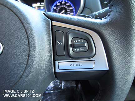 close-up of the 2015 Subaru Outback Limited steering wheel right side cruise control buttons