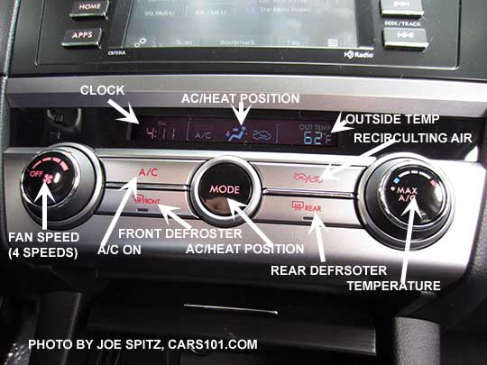 diagrammed 2016 Outback 2.5i base model single zone heater control with 4 speed fan, single zone blue/red heat adjustment dial, outside temp, clock etc
