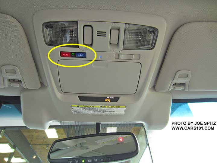 2016 Subaru Outback overhead console with optional Eyesight and standard Starlink connected services buttons (circled)