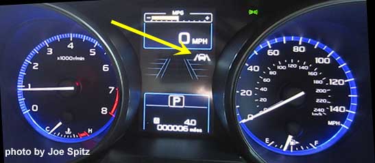 2016 Outback dashboard gauges. Note- yellow arrow points at the new for 2016 Lane Keep Assist symbol that is part of the optional Eyesight system