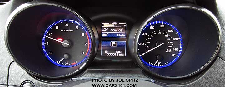 2016 Subaru Outback Premium and Limited dashboard electroluminescent gauges with blue ring. The 2.5L speedometer goes to 150mph. The 3.6L speedometer is to 160mph