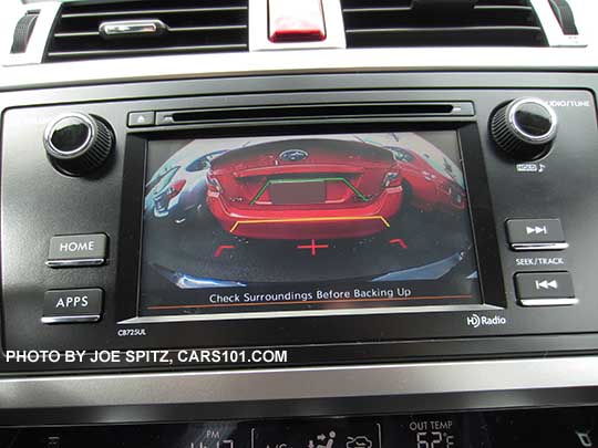 closeup of the 2016 Subaru Outback standard rear view back-up camera shown on the 6.2" audio screen on 2.5i models