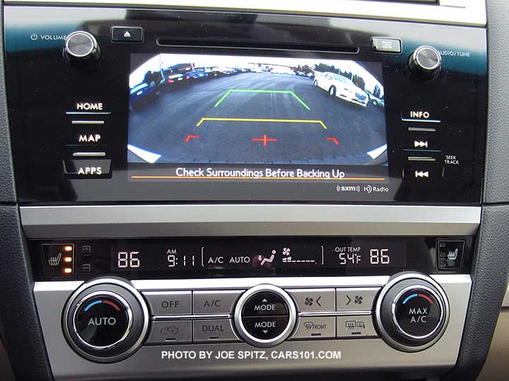 2016 Subaru Outback standard rear view back-up camera shown on the 7" audio screen on Premium and Limited models, with dual front zone automatic climate control