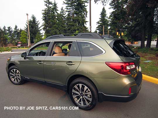 side view Wilderness Green 2016 Subaru Outback Limited, 18"  alloy wheels.