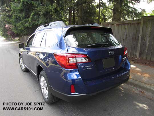 rear view 2016 Outback 2.5i. Lapis blue color. Notice the 2.5i model does not have dark tinted windows.
