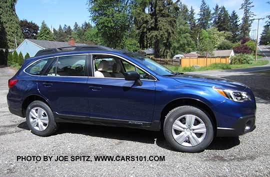 2016 Outback 2.5i. Lapis blue color. Notice the 2.5i model has black steel wheels with wheel covers, and does not have dark tinted windows