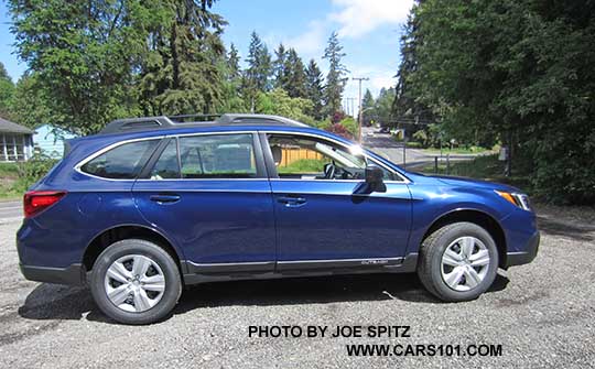 2016 Outback 2.5i. Lapis blue color. Notice the 2.5i model has black steel wheels with wheel covers, and does not have dark tinted windows