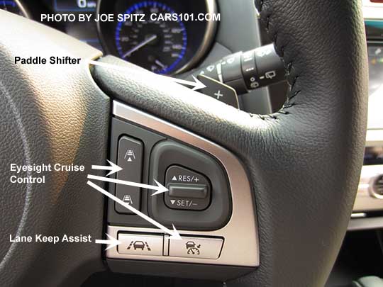 diagrammed closeup of the 2016 Subaru Outback steering wheel Eyesight cruise control and Lane Keep Assist buttons