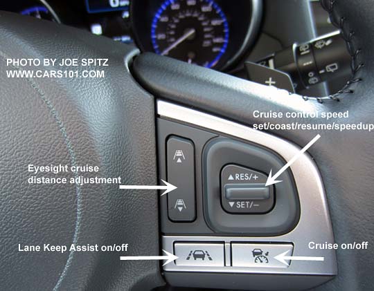 diagrammed closeup of the 2016 Subaru Outback steering wheel Eyesight cruise control and Lane Keep Assist buttons