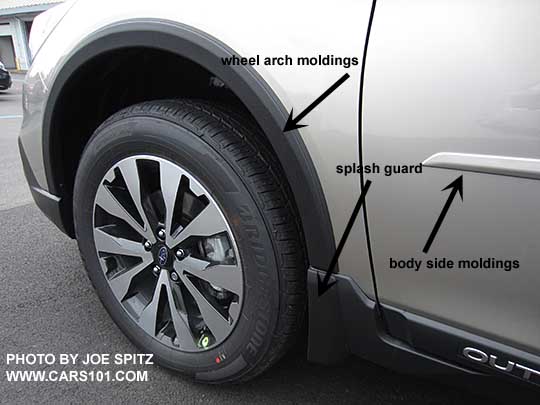 diagrammed 2016 Subaru Outback optional wheel arch molding, splash guards, body side moldings. Limited shown with 18" alloy wheels