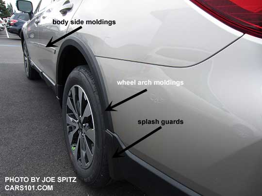 diagrammed rear view of the 2016 Subaru Outback with optional wheel arch moldings, splash guards, body side moldings. Limited shown with 18" alloy wheels