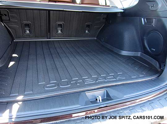2017 Subaru Outback cargo area with harman kardon rear subwoofer speaker, optional rear seatback protector