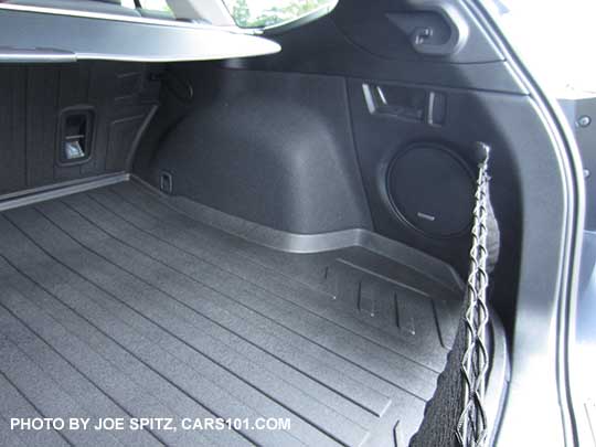 2017 Subaru Outback right passenger side cargo area with hk speaker and optional rear cargo net