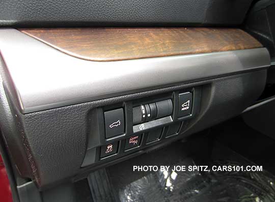 2017 Outback Limited woodgrained dash trim, and  driver controls without eyesight.  Limited model metallic and wood graineddash trim