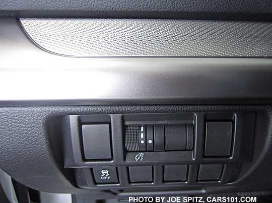 2017 Outback 2.5i and Premium driver controls- dash light adjustment and VDC stability control off only. 2.5i and Premium  model shown with textured silver dash trim