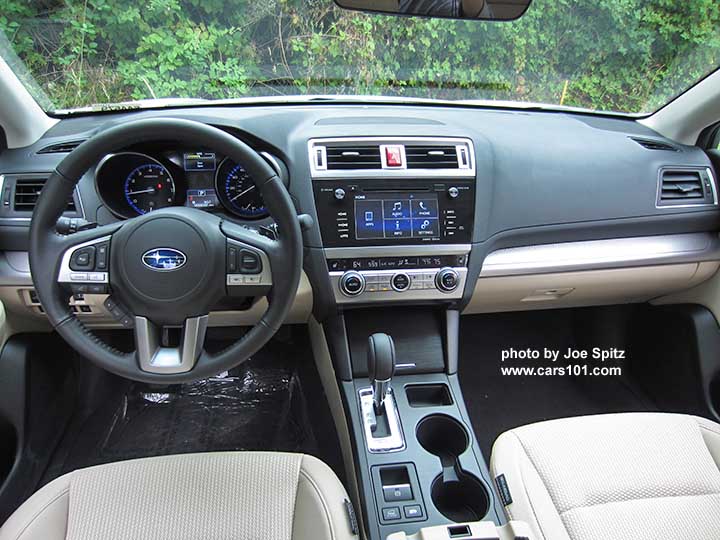 2017 Subaru Outback Premium interior with warm ivory cloth and textured silver dash trim
