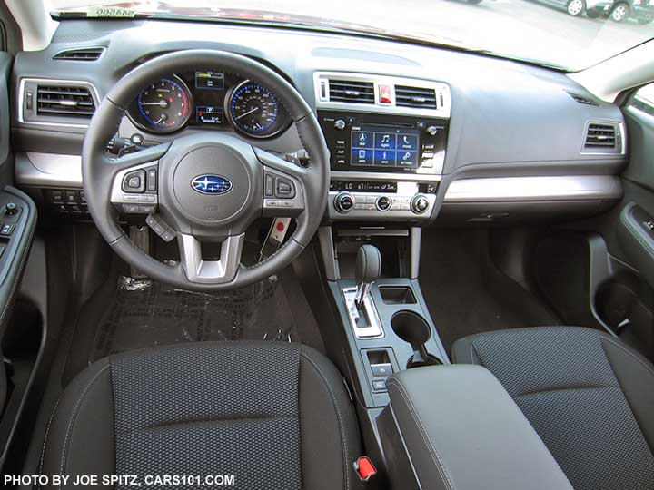 2017 Subaru Outback Premium slate black cloth interior with textured silver dash trim