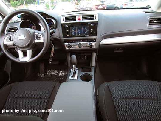 2017 Subaru Outback Premium interior with 7" audio, slate black cloth interior, with textured silver dash trim