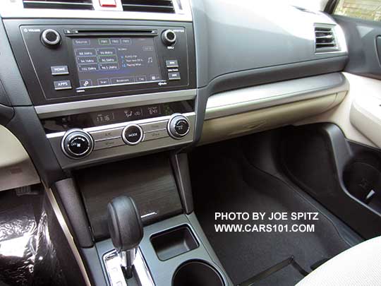 2017 Subaru Outback 2.5i base model center console, warm ivory cloth interior, 6.2" audio, silver door and dash trim