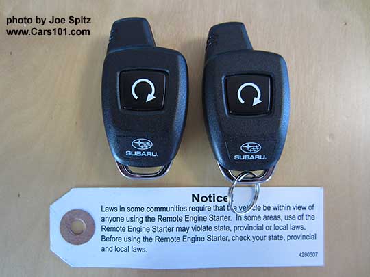 optioinal 2017 Subaru Outback remote engine start key fobs work well and will start the car up to 400 feet away, depending on obstructions, walls etc