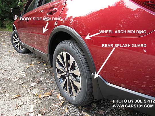 diagrammed options on a 2017 Outback- wheel arch moldings, bodyside moldings, splash guards,