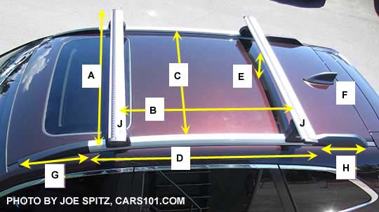 2018, 2017 Subaru Outback Touring low profile roof rail measurements. Shown with optional Thule cross bars