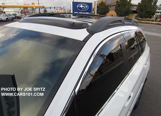 2017 Subaru Outback with the optional side window air deflector and optional moonroof air deflector. Dealer installed only.