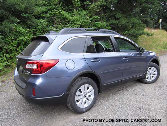 2017 Subaru Outback Premium with option side and wheel arch moldings, and rear bumper cover. Twilight blue color shown