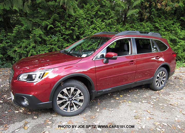 2017 Subaru Outback Limited has 18" machined black and silver wheels. Venetian red shown with optional wheel arch moldings, body side moldings, splash guards