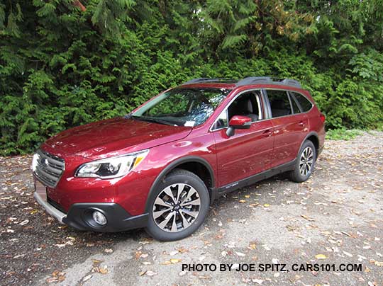 2017 Subaru Outback Limited has 18" machined black and silver wheels. Venetian red shown with optional wheel arch moldings, body side moldings, splash guards